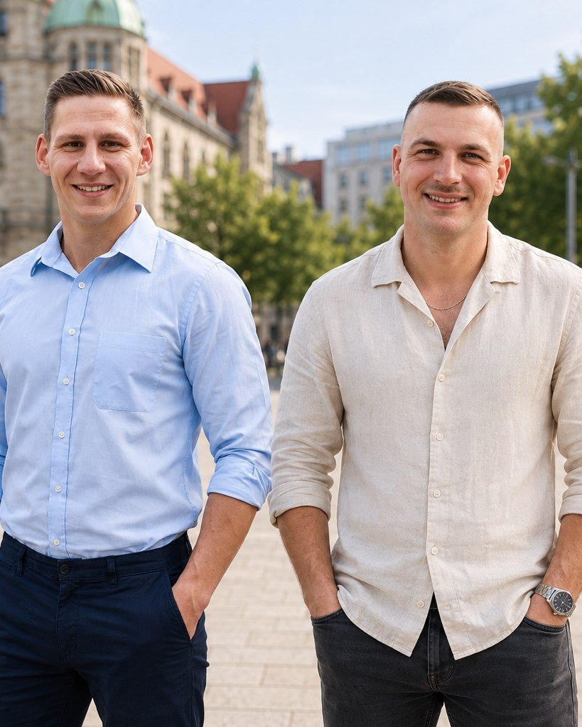 Nico Schmidt und Joshua Bertram, die Gründer von S+B Marketing, vor dem Rathaus in Hannover